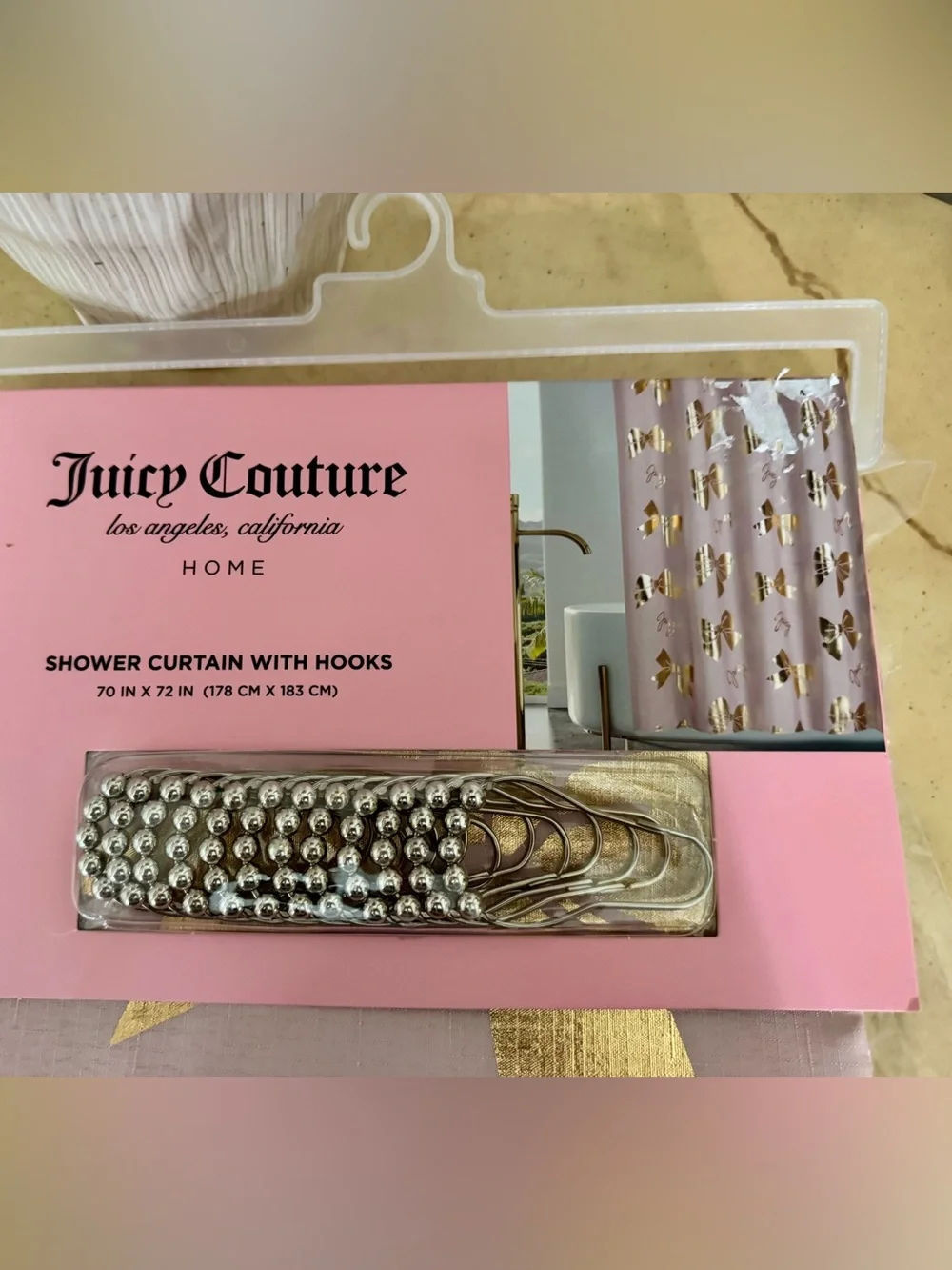 Juicy Couture Gold Bow Shower Curtain with Hooks - 70” x 72” NEW